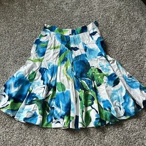 High Waist Abstract Print Cotton Pleated Midi Skirt